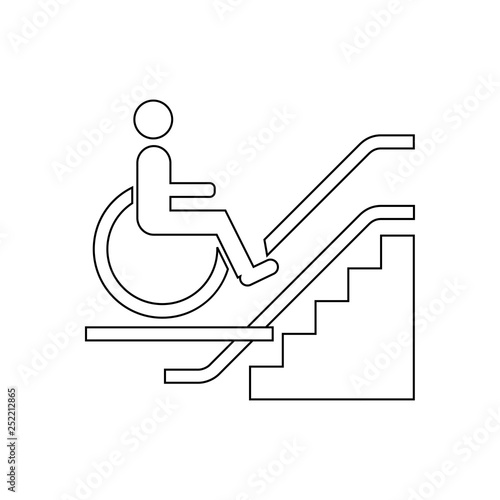 Icono plano lineal elevador hombre en silla de ruedas en color negro
