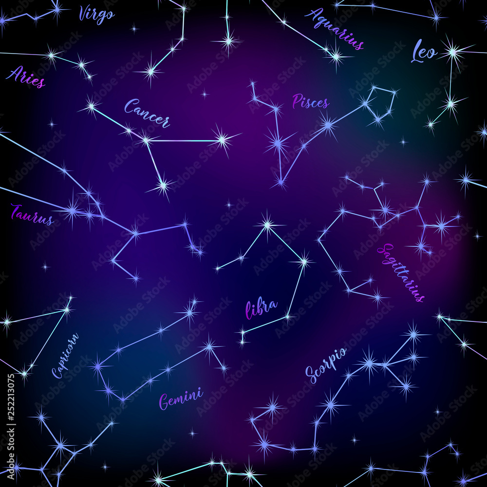 Seamless pattern of constellations . Zodiac. Spase. Vector illustration. Seamless pattern of constellations . Zodiac. Spase. Vector illustration.