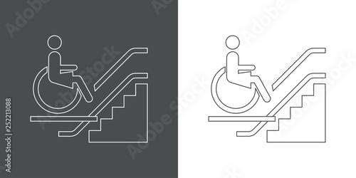 Icono plano lineal elevador mujer en silla de ruedas en gris y blanco