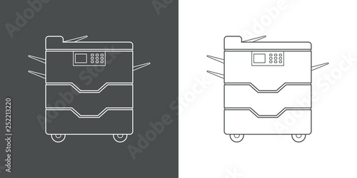 Icono plano lineal fotocopiadora en gris y blanco