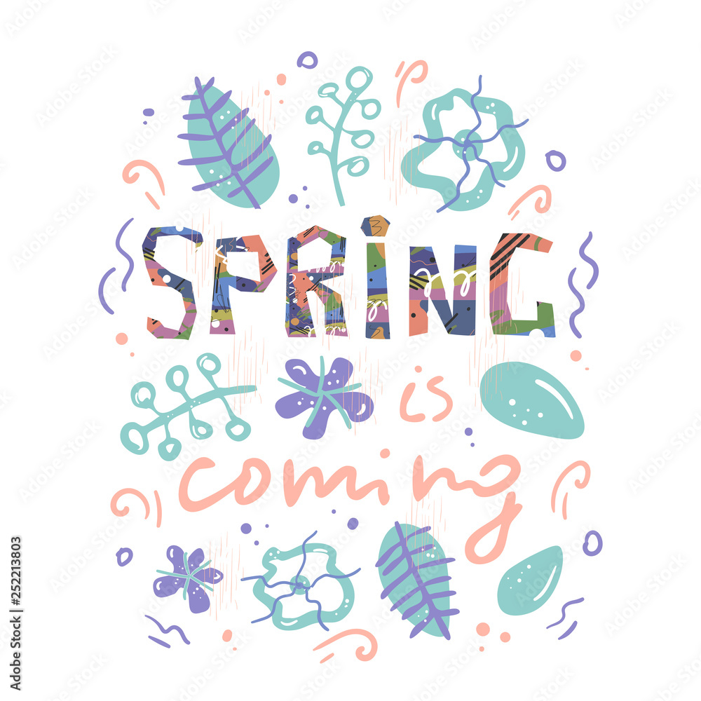 Colorful vector spring illustration on white background for concept design and decoration, in hand drawn style.