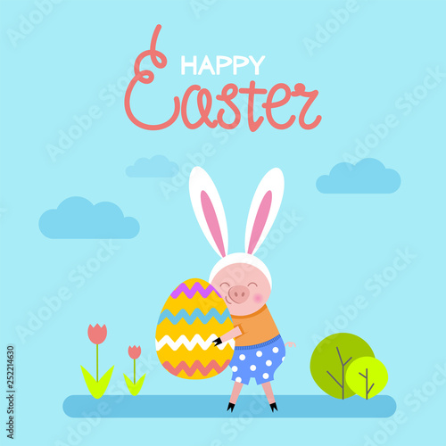 Happy easter. A cute piglet with bunny ears are holding Easter egg. Vector illustration