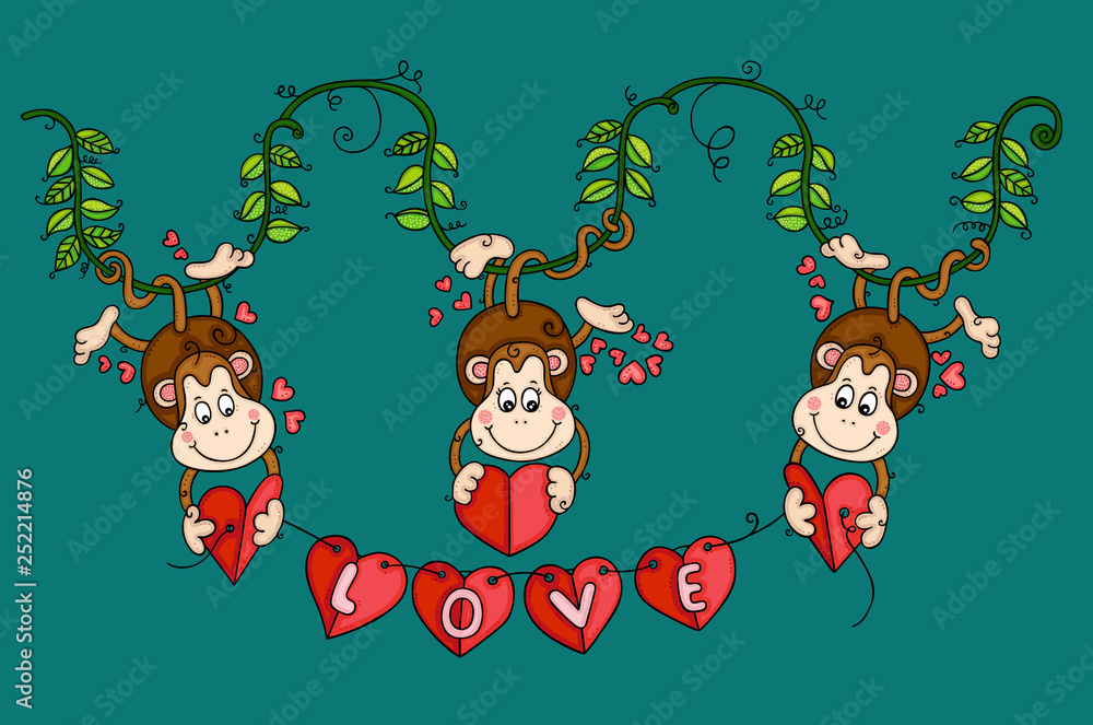 Fototapeta premium Happy three monkeys holding a heart shaped banner