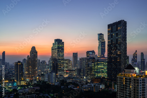Bangkok City - Aerial view  beautiful sunset  Bangkok city tower downtown skyline of Thailand , cityscape at night  , landscape Bangkok Thailand © suphaporn