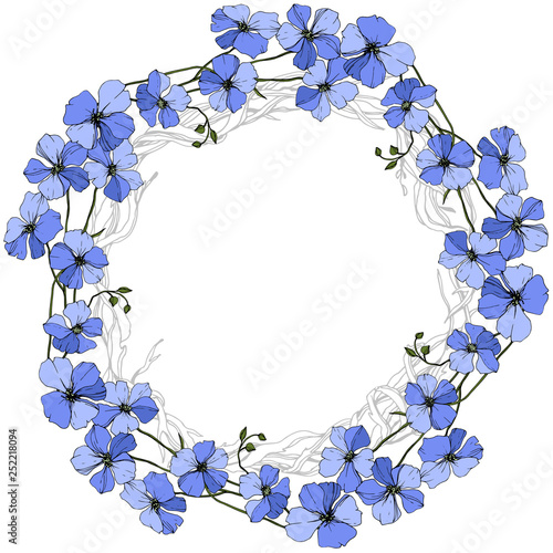 Vector Blue Flax floral botanical flower on white background. Engraved ink art. Frame border ornament square.