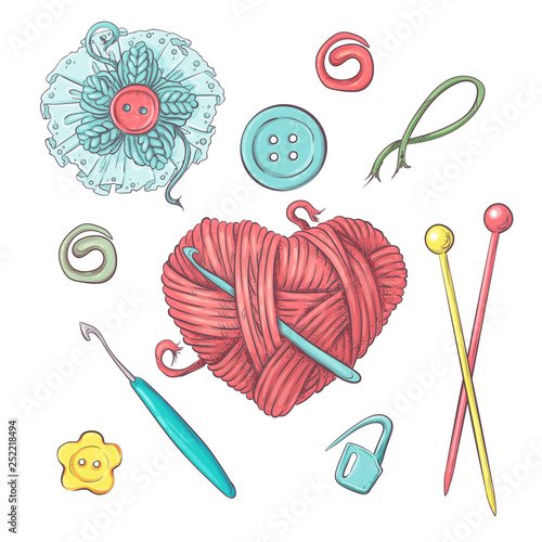 Set for handmade ball of yarn and accessories for crocheting and knitting.