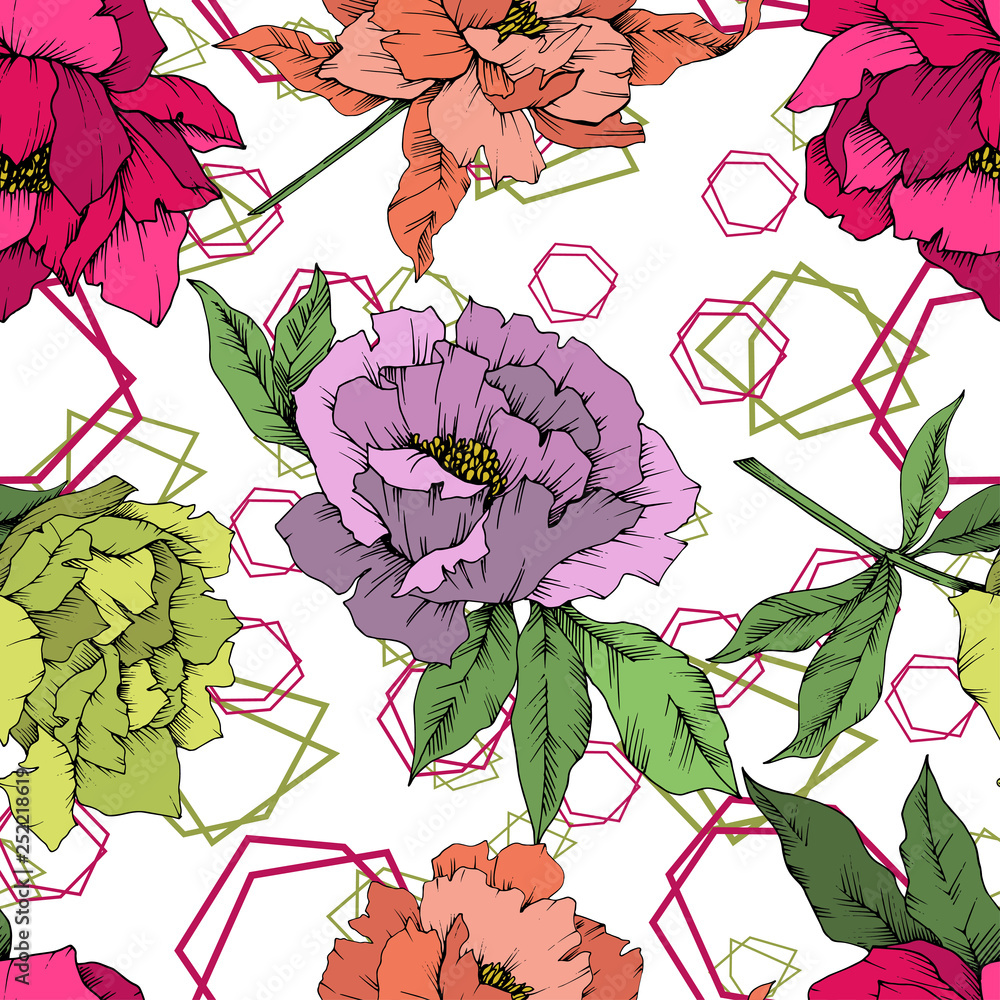 Vector Peony floral botanical flower. Wild spring leaf isolated. Engraved ink art. Seamless background pattern. Vector Peony floral botanical flower. Wild spring leaf isolated. Engraved ink art. Seamless background pattern.