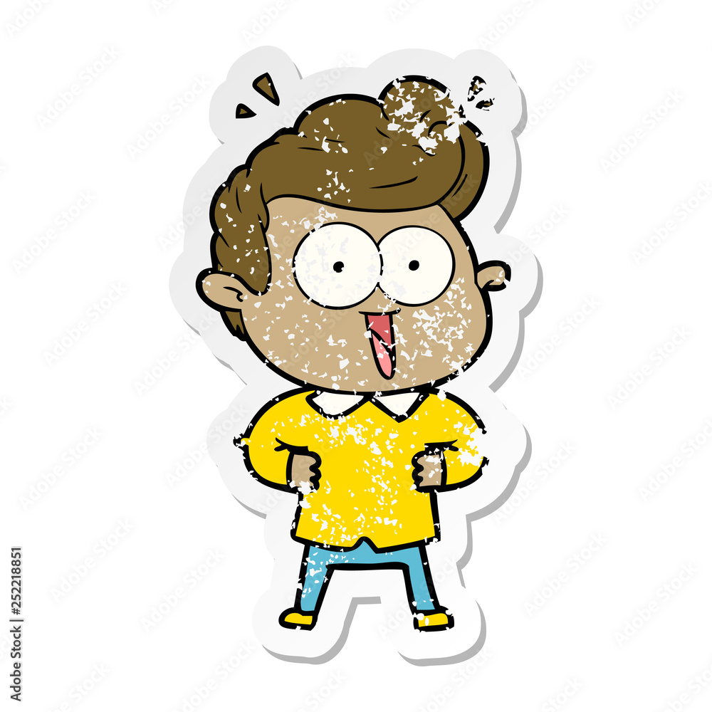 distressed sticker of a cartoon excited man distressed sticker of a cartoon excited man