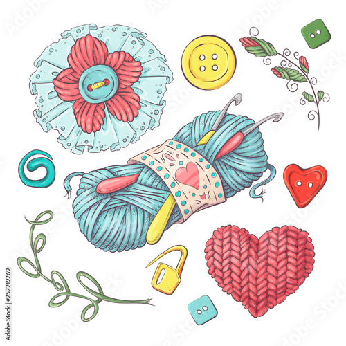 Set for handmade ball of yarn and accessories for crocheting and knitting.