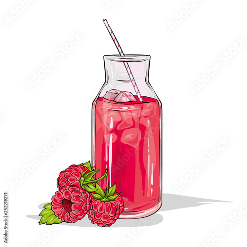 Glass with raspberry smoothie isolated on a white background. Fruits and berries, summer, food and drink. Vector illustration.
