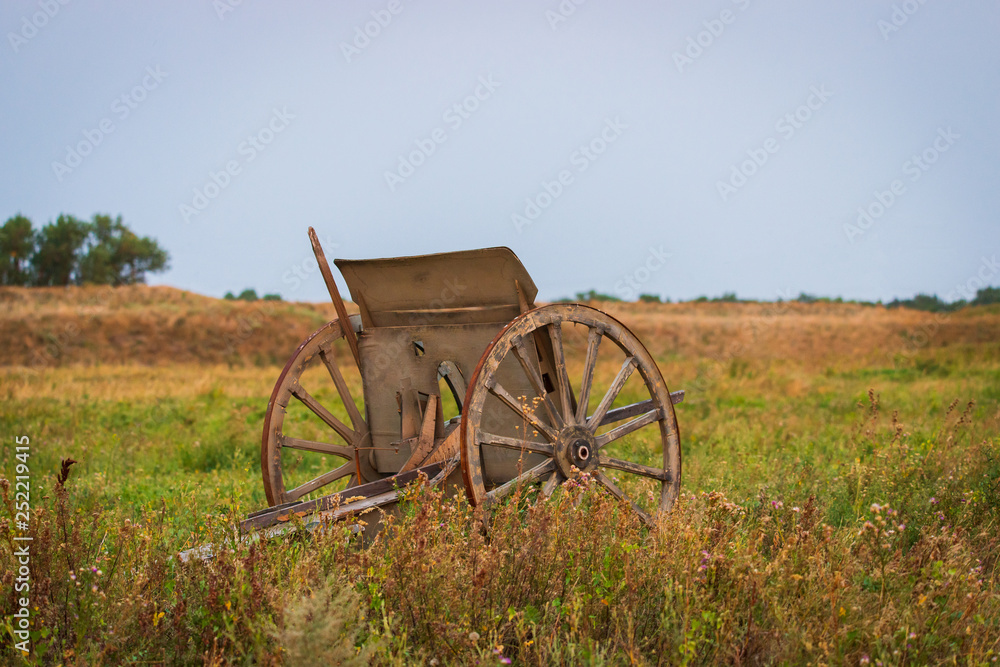 Gun carriage with large wheels for iron old cannon