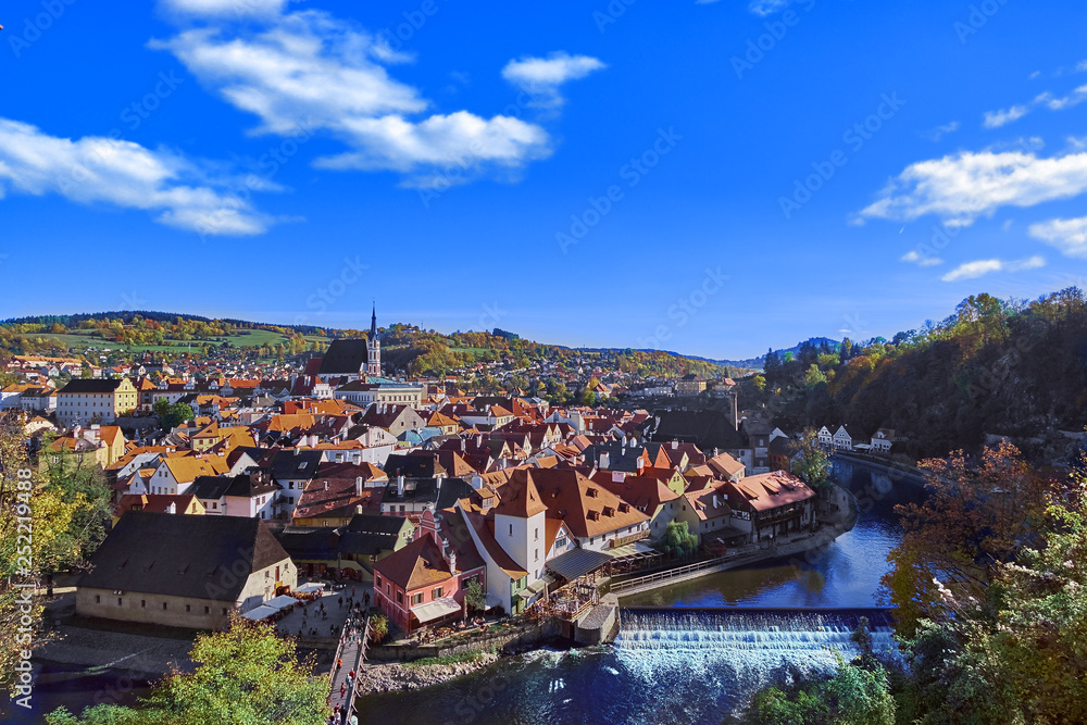 Aerial view over historic centre of Chesky Krumlov old town in the South Bohemian Region of the Czech Republic on Vltava River. UNESCO World Heritage Site