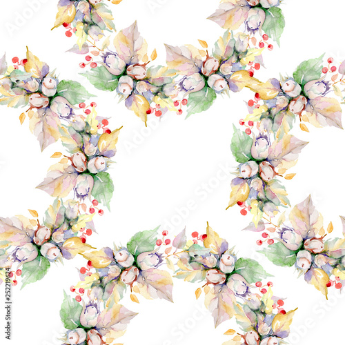 Bouquet of autumn forest fruits. Watercolor background illustration set. Seamless background pattern.