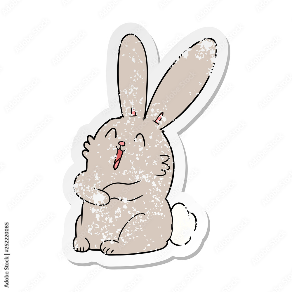 distressed sticker of a cartoon laughing bunny rabbit distressed sticker of a cartoon laughing bunny rabbit