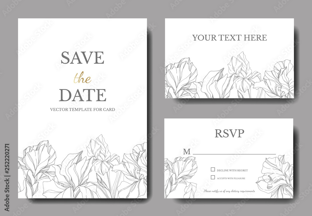 Vector Grey iris floral botanical flower. Engraved ink art. Wedding background card floral decorative border.