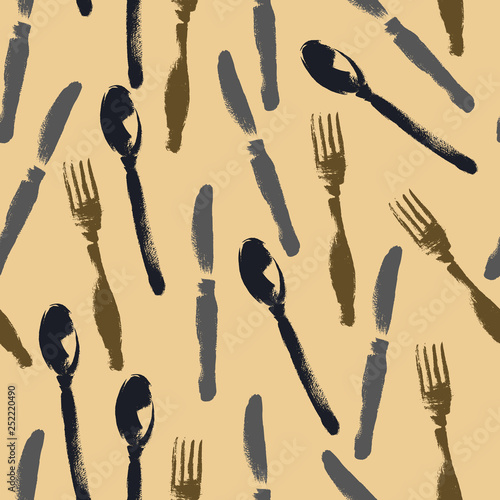 Seamless pattern of forks, spoons, knifes. Restaurant menu. Sketch illustration.