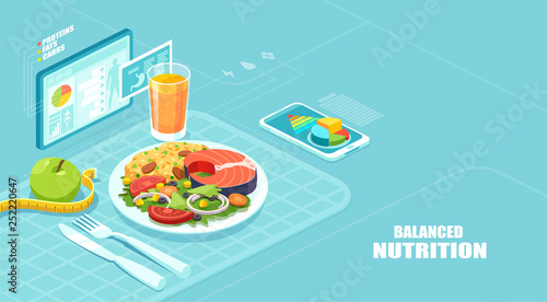 Isometric vector of a nutrition app showing nutrition facts and assisting in calories count of a meal