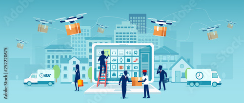 Vector of people shopping online with drone, courier delivery van delivering merchandise