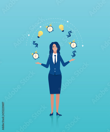 Vector of a businesswoman juggling business icons.