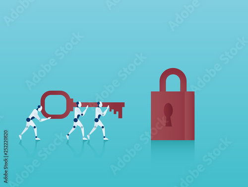 Vector of robots carrying a key to padlock.