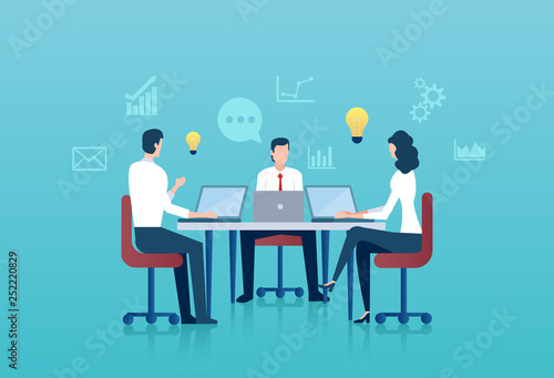 Vector of business people sitting at table brainstorming company future plans.