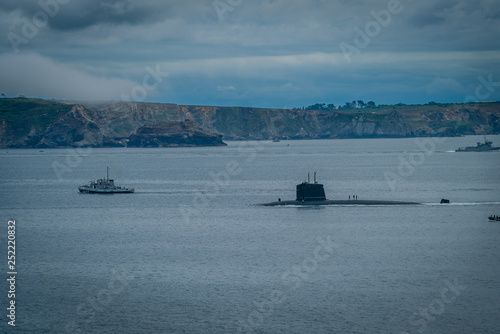 French submarine in the Brest rade in Brittany in France