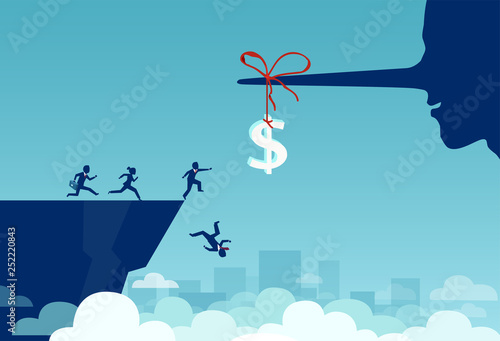 Vector of group of business people running towards a dollar sign tied to a liar long nose and falling off a cliff