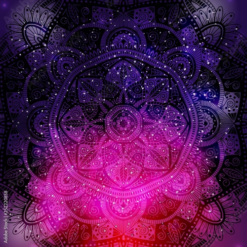 Ornamental floral ethnic mandala on purple galaxy background