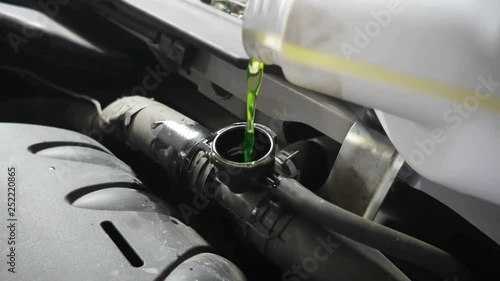 Pouring antifreeze to the car radiator