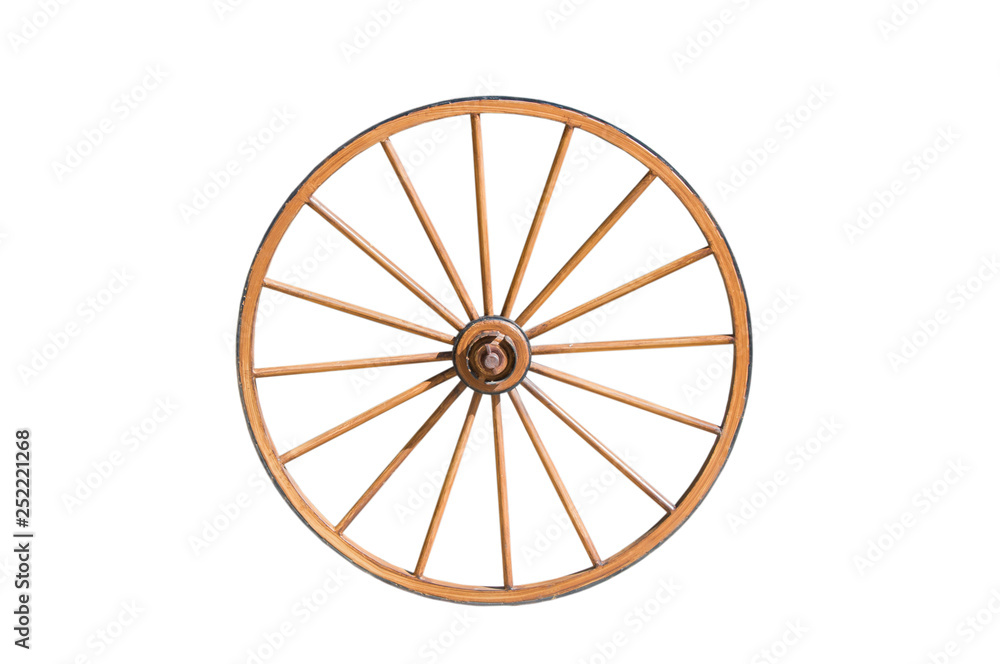Old wooden wheel isolated on white background.