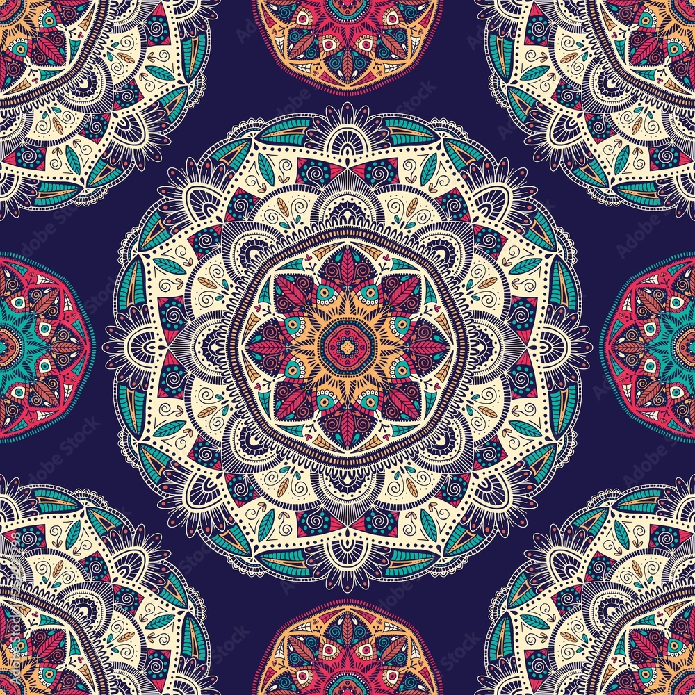 Seamless pattern with ornamental floral ethnic mandalas