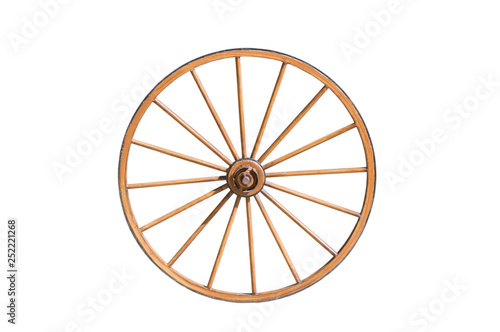 Old wooden wheel isolated on white background.