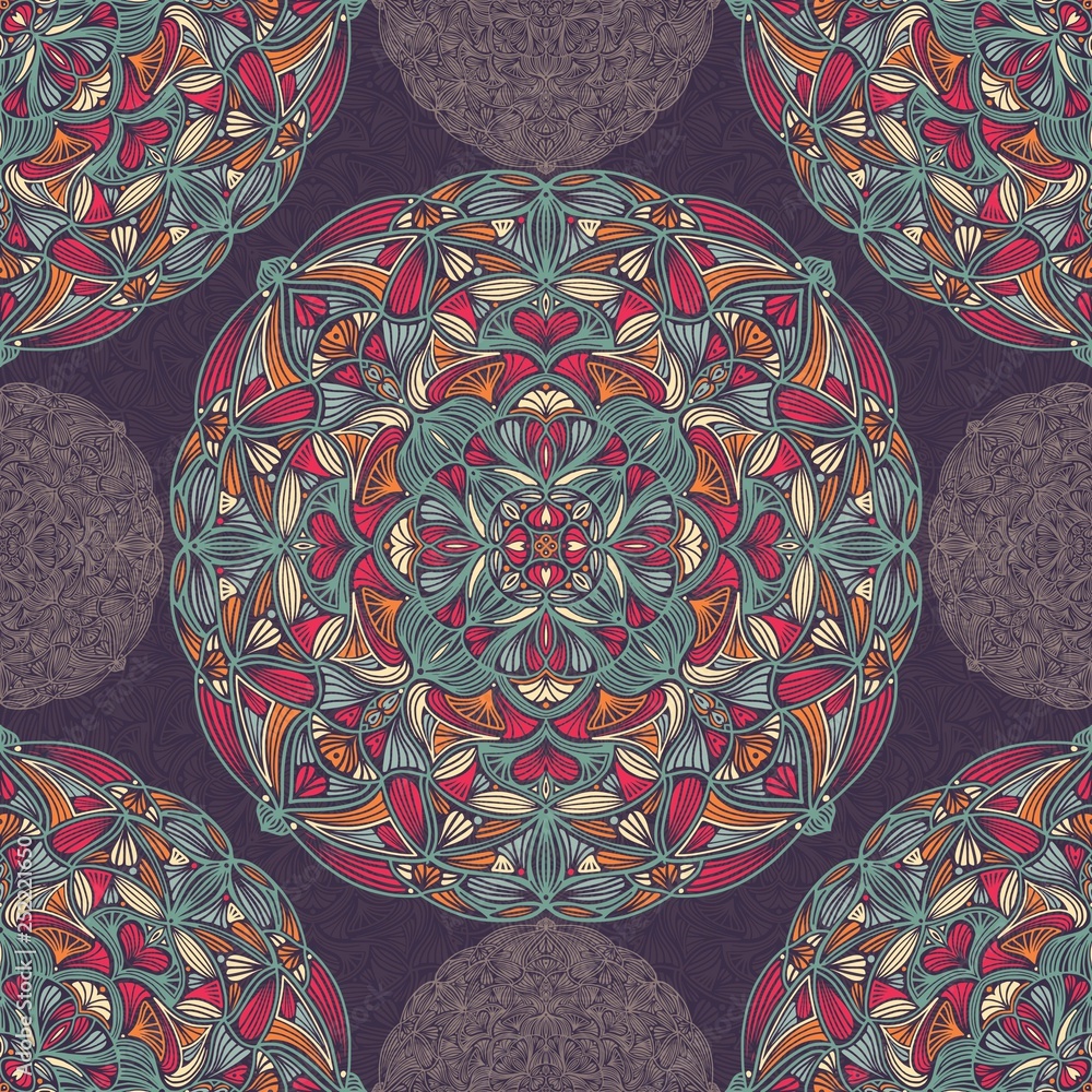 Seamless pattern with ornamental floral ethnic mandalas
