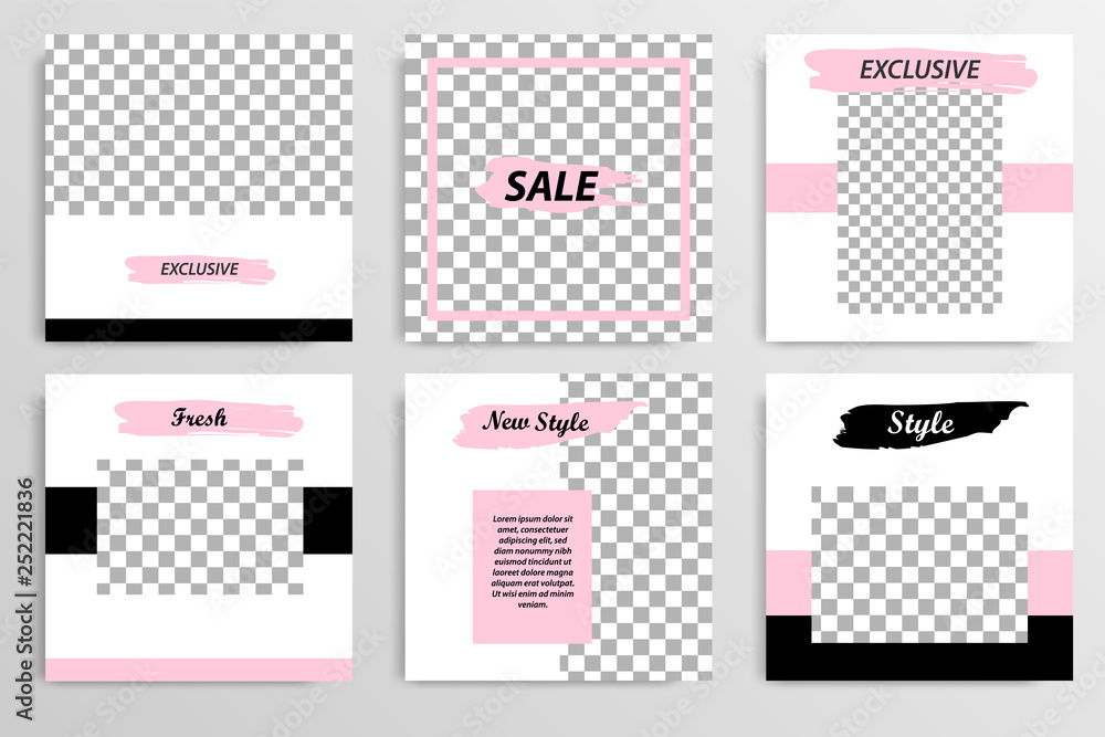 Editable square abstract geometric banner template for social media post. Black and pink frame in white background. Minimal design background vector illustration Editable square abstract geometric banner template for social media post. Black and pink frame in white background. Minimal design background vector illustration