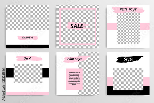 Editable square abstract geometric banner template for social media post. Black and pink frame in white background. Minimal design background vector illustration