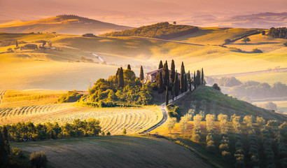 Fototapete Honigfarbe Ein einsames Bauernhaus zwischen toskanischen Hügeln. Val d& 39 Orcia, Provinz Siena, Toskana, Italien  © stefanotermanini