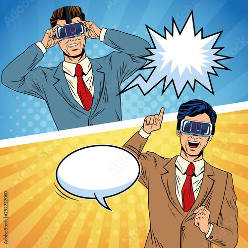 Businessmen virtual reality pop art cartoon