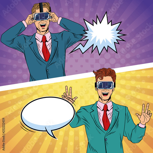 Businessmen virtual reality pop art cartoon