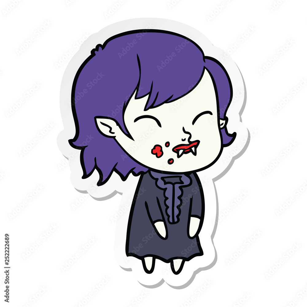 sticker of a cartoon vampire girl with blood on cheek