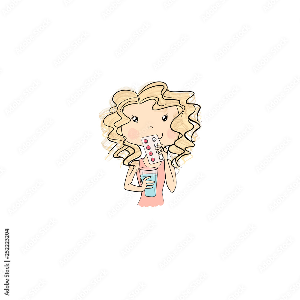 Blonde Hair Girl Takes Medicine Isolated On A White Background Hand Drawn Illustration Blonde Hair Girl Takes Medicine Isolated On A White Background Hand Drawn Illustration