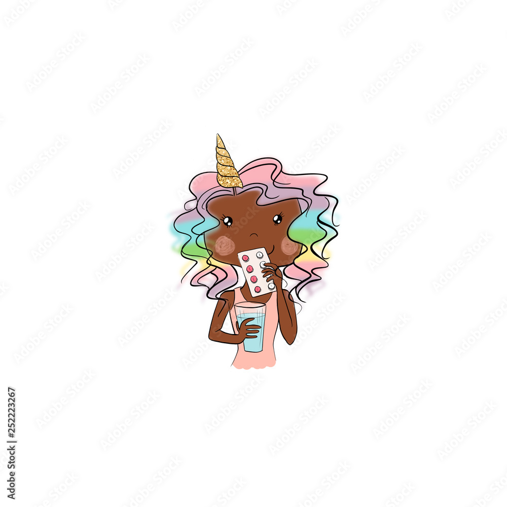 African American Unicorn Girl Takes Medicine Isolated On A White Background Hand Drawn Illustration African American Unicorn Girl Takes Medicine Isolated On A White Background Hand Drawn Illustration