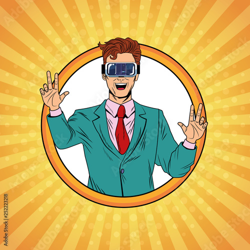 Businessman virtual reality pop art cartoon