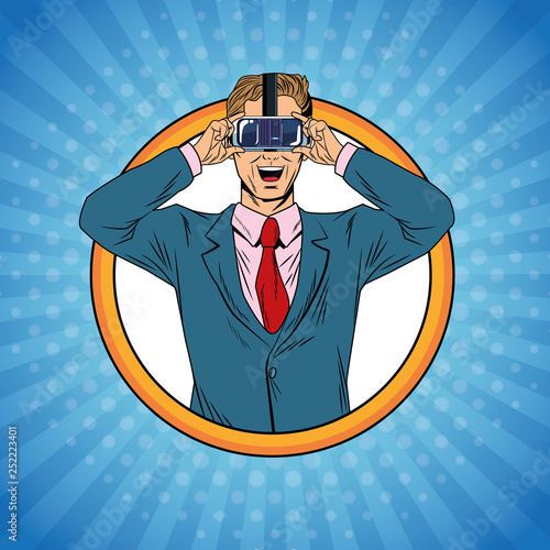 Businessman virtual reality pop art cartoon