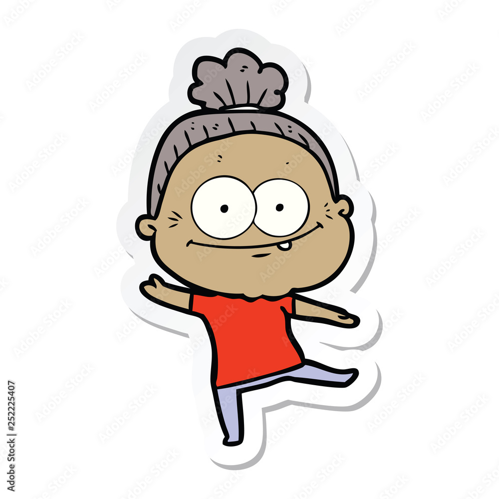 sticker of a cartoon happy old woman