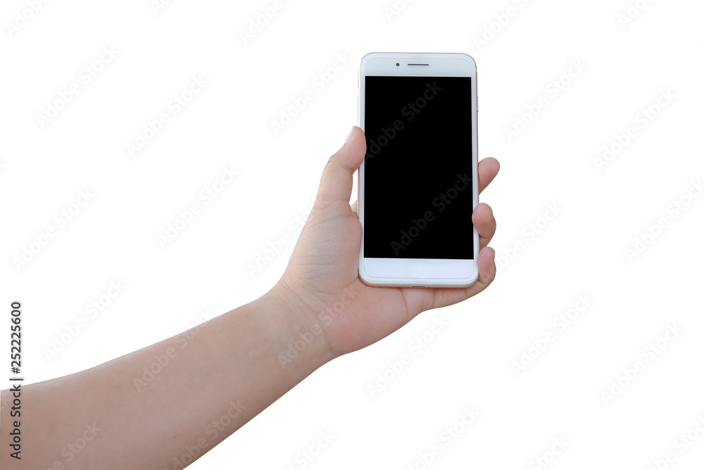 Woman's hand holding smartphone on white background isolate with clipping path Woman's hand holding smartphone on white background isolate with clipping path