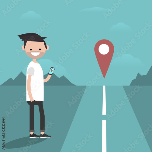 Navigation equipment. GPS geo tag. Young character holding a smartphone.Road. Waiting for a taxi