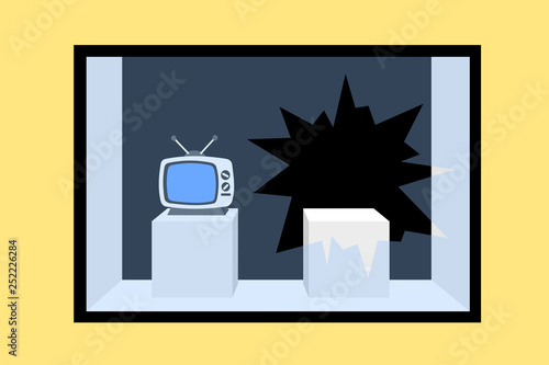 Looting and plundering - shop and store with broken shop window - stealing, criminality and robbery in showroom. Vector illustration