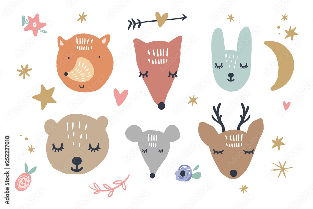 Vector cute animals illustrations collection in simple cartoon scandinavian  style. Good for nursery clothes Stock Vector | Adobe Stock