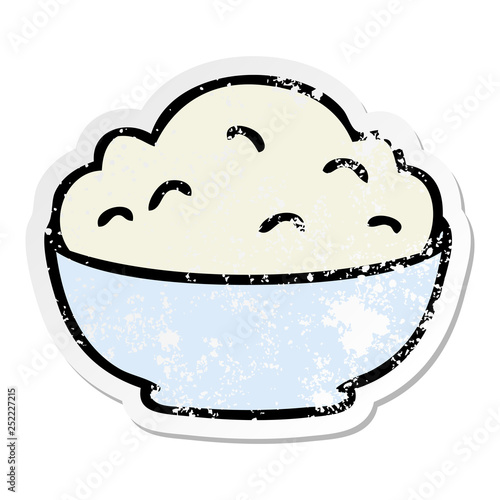 distressed sticker of a quirky hand drawn cartoon bowl of mash
