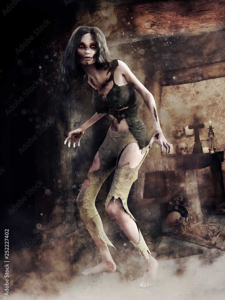 Zombie girl standing in a spooky tomb with skulls and candles. 3D render.